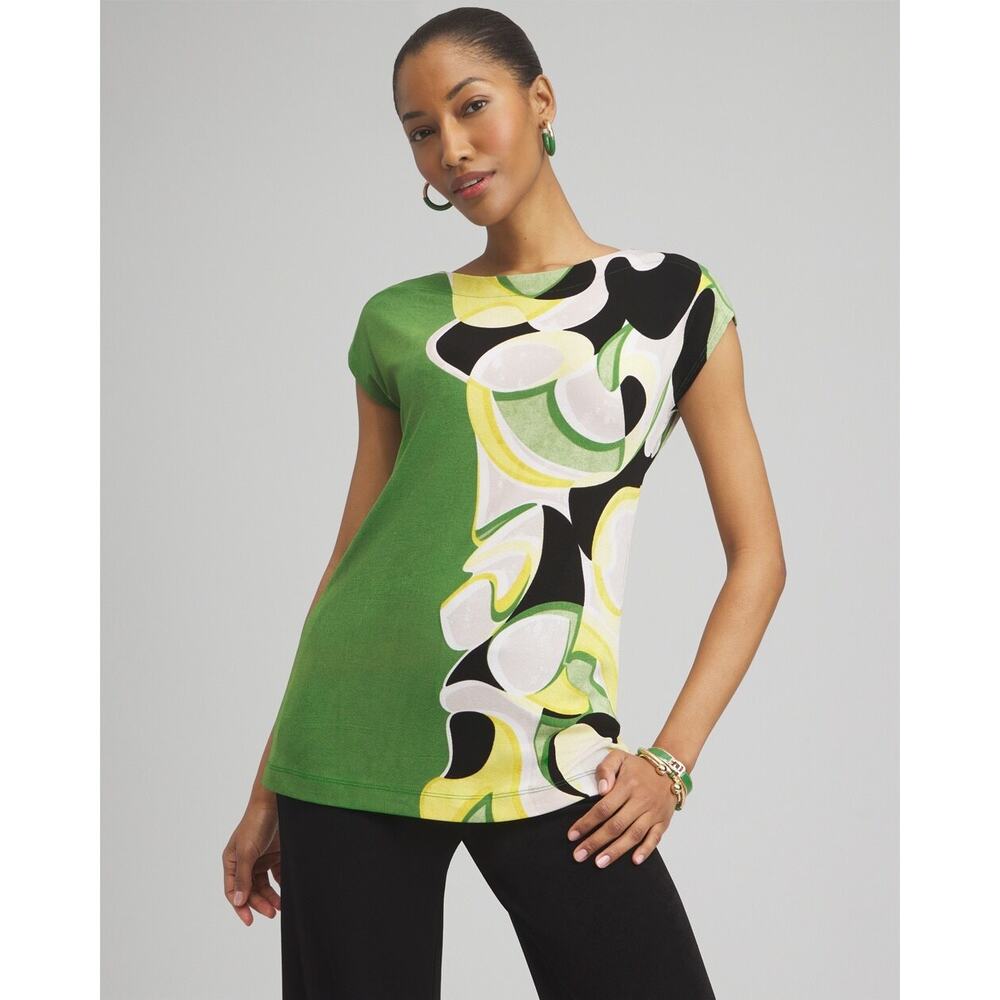 CHICOS Travelers Placed Floral Cap Sleeve Tunic Abstract Top Blouse in Size S